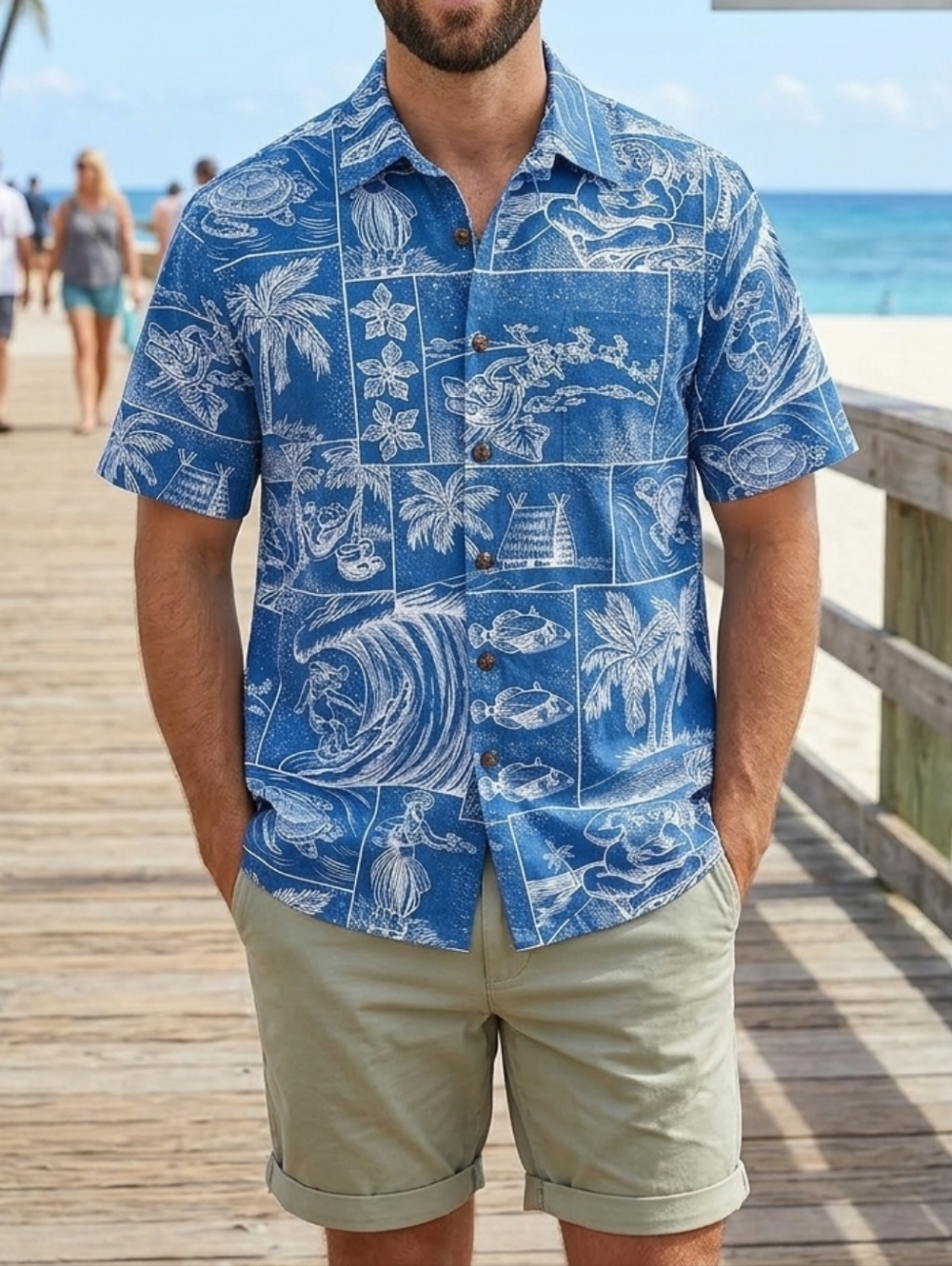 Blue Tropical Patchwork Short-Sleeve Button-Down Shirt - Casual Beach Style